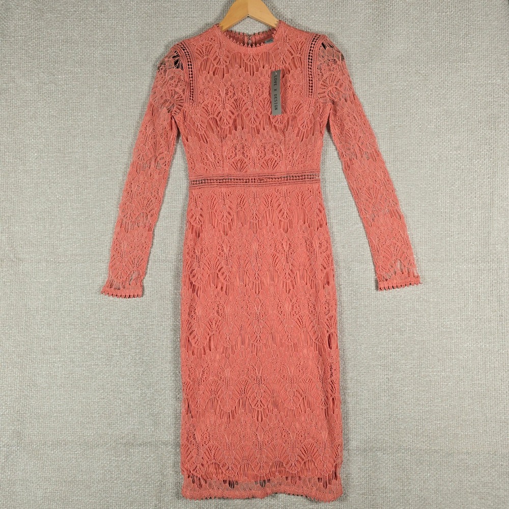 Love X Design Canyon Clay Lace Long Sleeve Crew Neck Midi Dress J03553J XS NEW